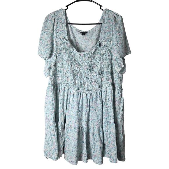 Torrid Babydoll Blouse Top Plus Size 3X Smocked Tiered Blue Pink Floral - Picture 2 of 5